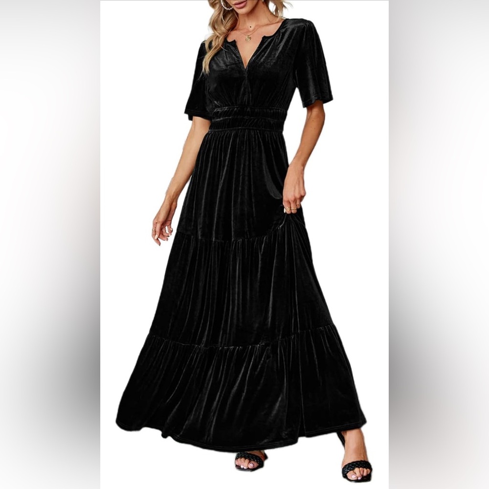 Elegant Black Velvet Maxi Dress L